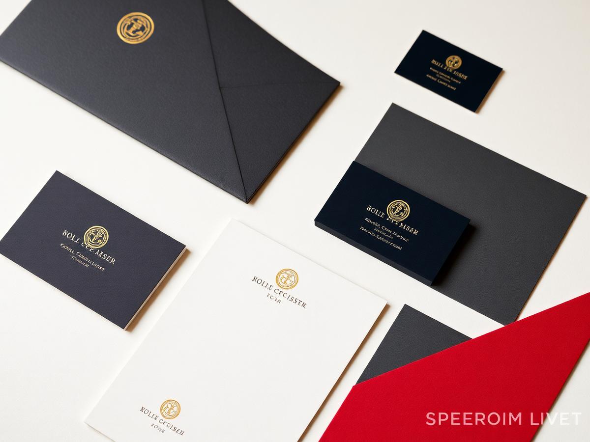 Brand identity collateral including stationery and business cards with gold foil detailing
